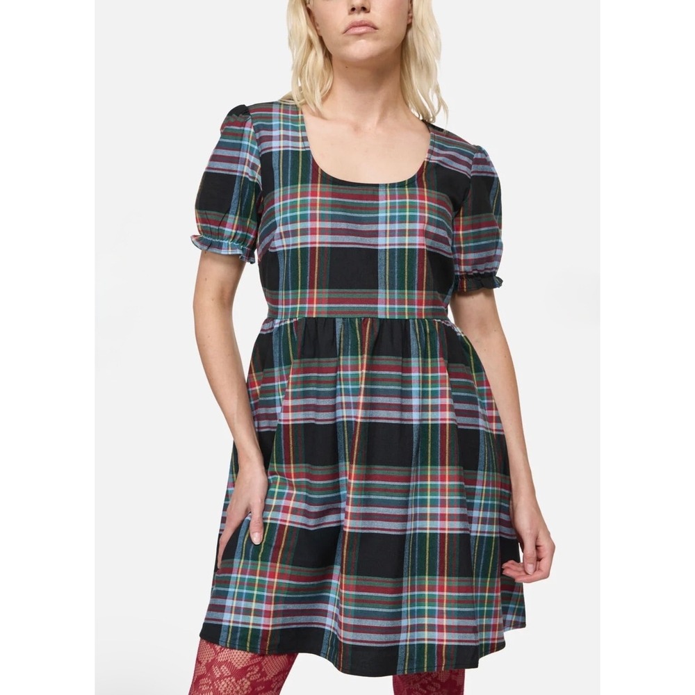 Dangerfield NZ Hermit Goth Tartan Mini Dress Plaid Puff Sleeve Pockets mystical